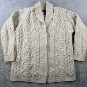 Vintage Inis Crafts Cardigan Womens Large Cream Merino Wool Shawl Collar Cable